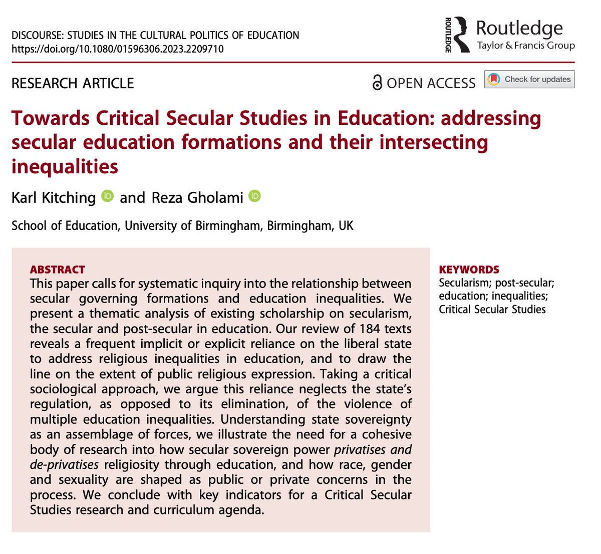 📣New paper alert📣
@Karl_Kitching and @DrRGholami have published a new open access paper titled 'Towards Critical Secular Studies in Education' in <a href="/DiscourseofEd/">Discourse</a> journal. Check out the link here: tandfonline.com/doi/epdf/10.10… 1/5