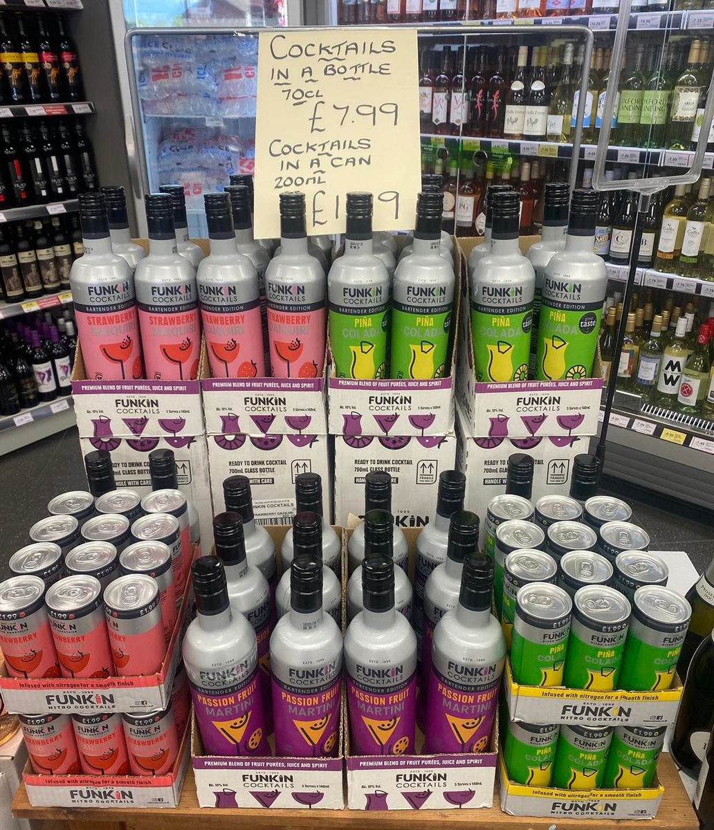 spar_ossy's tweet photo. 🍹 🍸 NEW LINE 🍹 🍸

Cocktails in a bottle 70cl  £7.99 each 
Strawberry Daiquiri 
Pina Colada
Passion Fruit Martini 

Cocktail in a can £1.99 each 

Great served over ice 🍹🍹🍹 https://t.co/BYK1HKnjON