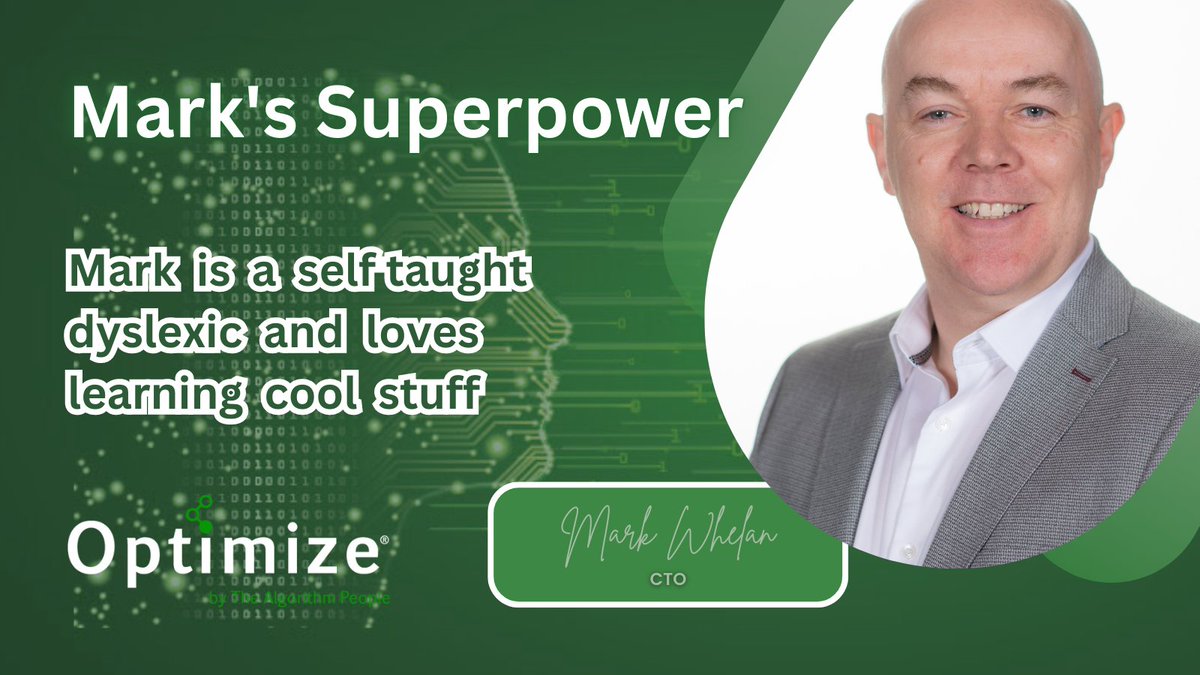 OptimizeNowAI's tweet photo. Our Mark.... @Mark__Whelan is our CTO
Mark told us he a self taught dyslexic and loves learning cool stuff! #Teamoptimize https://t.co/d5Y5MQyKzF