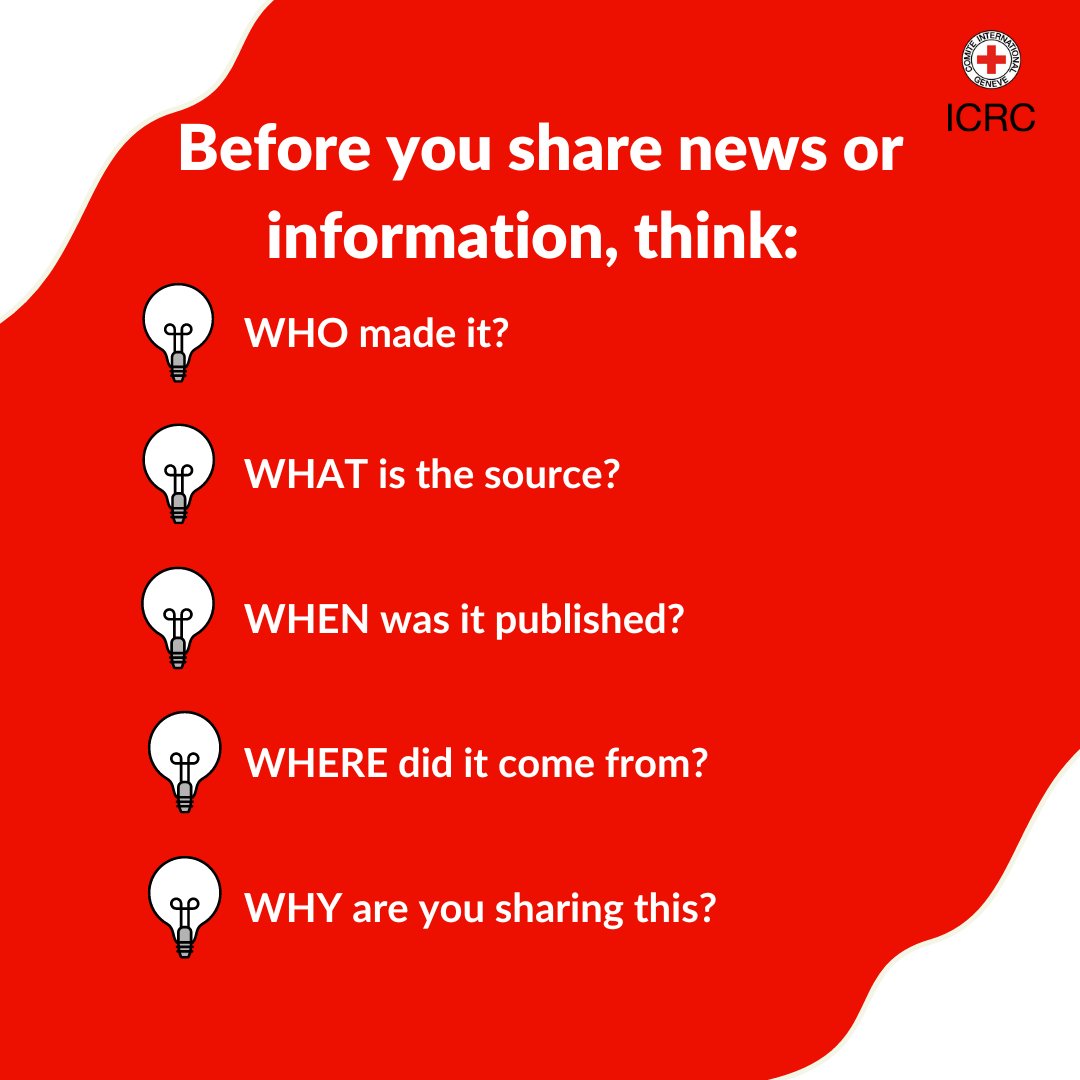 🚫📢 The spread of misinformation &amp; disinformation during armed conflict can endanger people in need &amp; prevent them from making the right decisions for their safety.
 
Before sharing, ask yourself: 
✅ Is the source credible?
✅ Is the information accurate?
✅Could it be harmful?