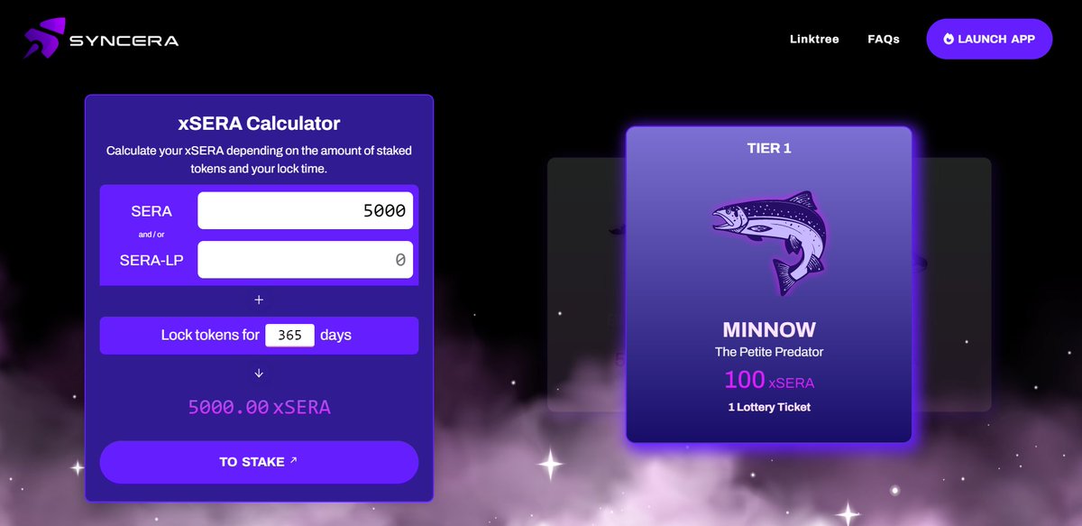 tienice90's tweet photo. Come to the extremely attractive SYNCERA with MINNOW: TIER 1 2 3 4 5
xSERA CalculatorCalculate your xSERA depending on the amount of staked tokens and your lock time.
Best launchpad
Easy-to-use and beautiful
#zkSync #Syncera #launchpad #airdrop
@Syncera_io https://t.co/sse2jkYrAj