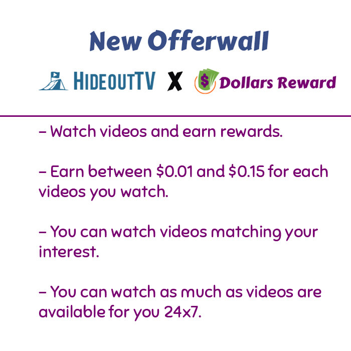 DollarsReward's tweet photo. New OfferWall!

#hideout.tv offerwall has been integrated at #dollarsreward

Best  for those who want to earn by watching videos. Watch available videos  of your interest and get rewarded for each video you watch.

Must give it a try. Good Luck!

https://t.co/X4Ij6aI6z3

#earnfromsurvey #giveaways #surveysfromhome #workfromhomee #workfromanywhere #workfromhomeopportunity #EarnFromHomee #rewardsites #rewardsforcash #giftcard #giftcardrewards #paypalrewards #rewards #opinion #opinionpays #poll #pollpays #dailysurvey #survey #offerwalls #watchandearn #earningsplatfrom #earnfromvideos #videos #watchvideos