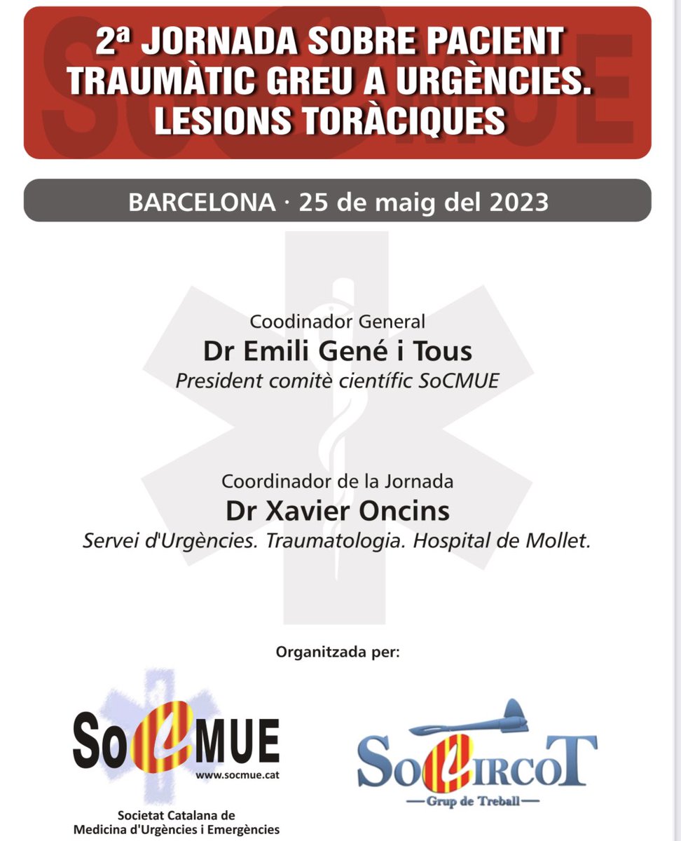 SoCMUE's tweet photo. 🆕 Acabem el #cursacademic20222023 amb la #jornadaactualització organitzada per #socircot sobre #traumatismetoracic 

📅 2️⃣5️⃣ maig 2023
📍L’Acadèmia

#presencialionline #socmue 

US HI ESPEREM‼️ https://t.co/O08txaBbDn