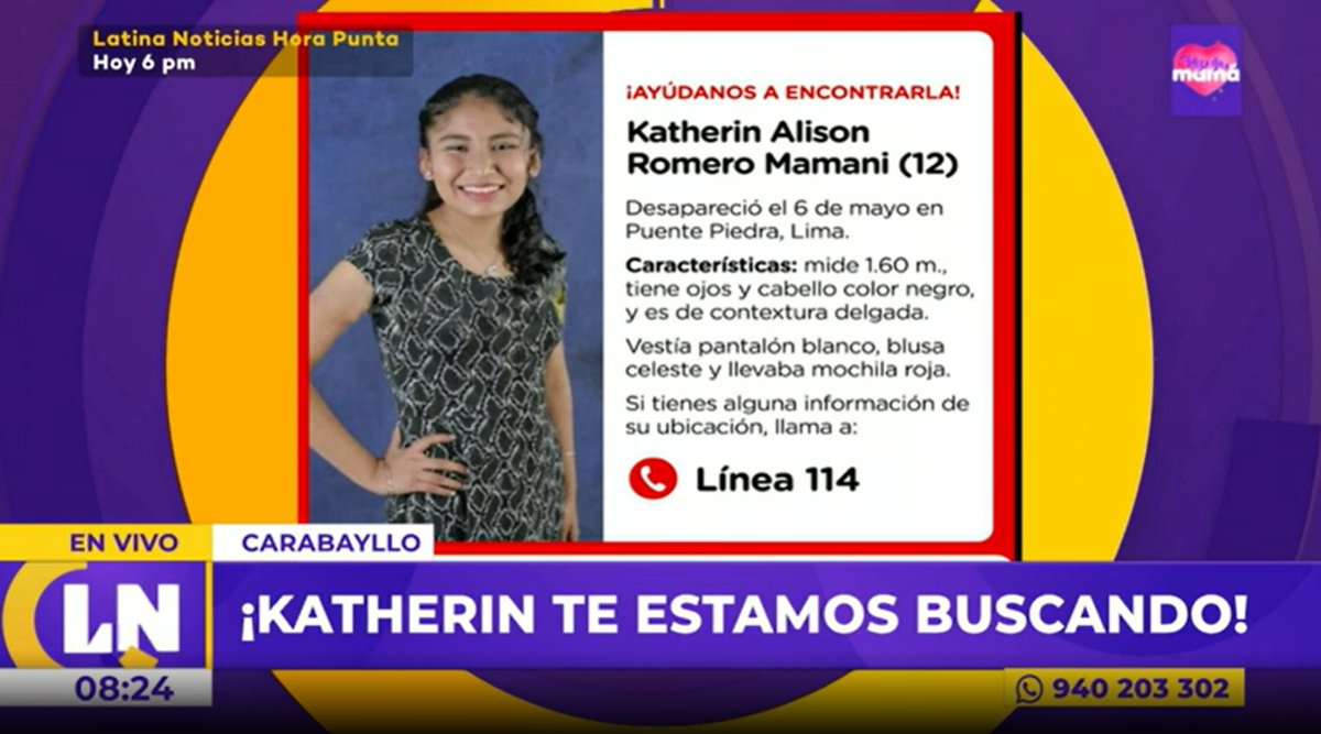Latina_Noticias's tweet photo. 🚨 ¡Ayúdanos a encontrarla! 🚨 Katherin Alison Romero de 12 años desapareció el 6 de mayo en Puente Piedra. Ella luce pantalón blanco y blusa celeste. 

Cualquier información de su paradero comunícate al 104 .  #LatinaTeBusca https://t.co/iUwQyKjbKZ