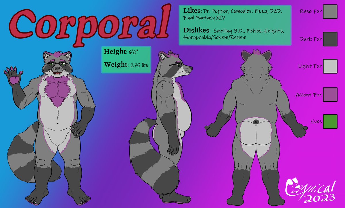 Corporal_Pain's tweet image. So now that FWA is kicking off, I would like to premiere my fursona and my first ref sheet made by the artist @Cynical_Canine