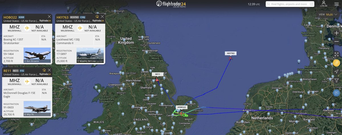 alternativewip's tweet photo. screenshot from about an hour ago, featuring #USAF actvity as seen over the uk - a stratotanker doing laps over the south, an F15 heading north, and a C130J passing by having departed from #RAF mildenhall. #HOBO22 #HKY763 #RE11 https://t.co/IDbSoOcp5G