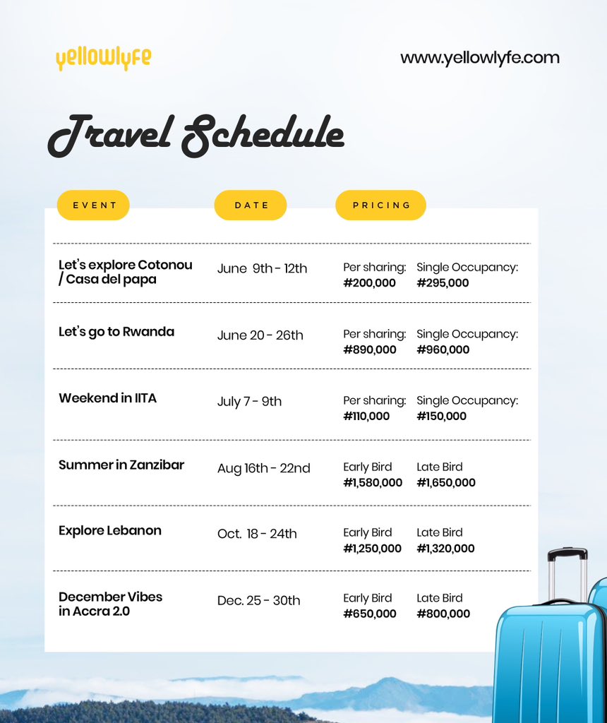 yellowlyfehq's tweet photo. Dear yellowlyfers, 

Here’s your enjoyment calendar for the next 3 months . Get ready for non-stop fun and enjoyment. 

Hurry now and book your slot before they are fully booked.

Send us a Dm or call 0904 902 7698 for immediate response. 

#yellowlyfeEvents #yellowlyfers https://t.co/keLViBUO5a