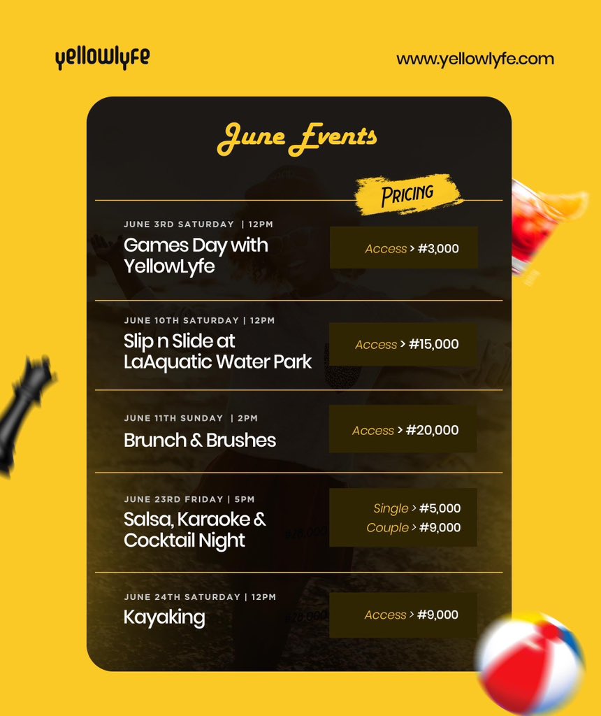yellowlyfehq's tweet photo. Dear yellowlyfers, 

Here’s your enjoyment calendar for the next 3 months . Get ready for non-stop fun and enjoyment. 

Hurry now and book your slot before they are fully booked.

Send us a Dm or call 0904 902 7698 for immediate response. 

#yellowlyfeEvents #yellowlyfers https://t.co/keLViBUO5a