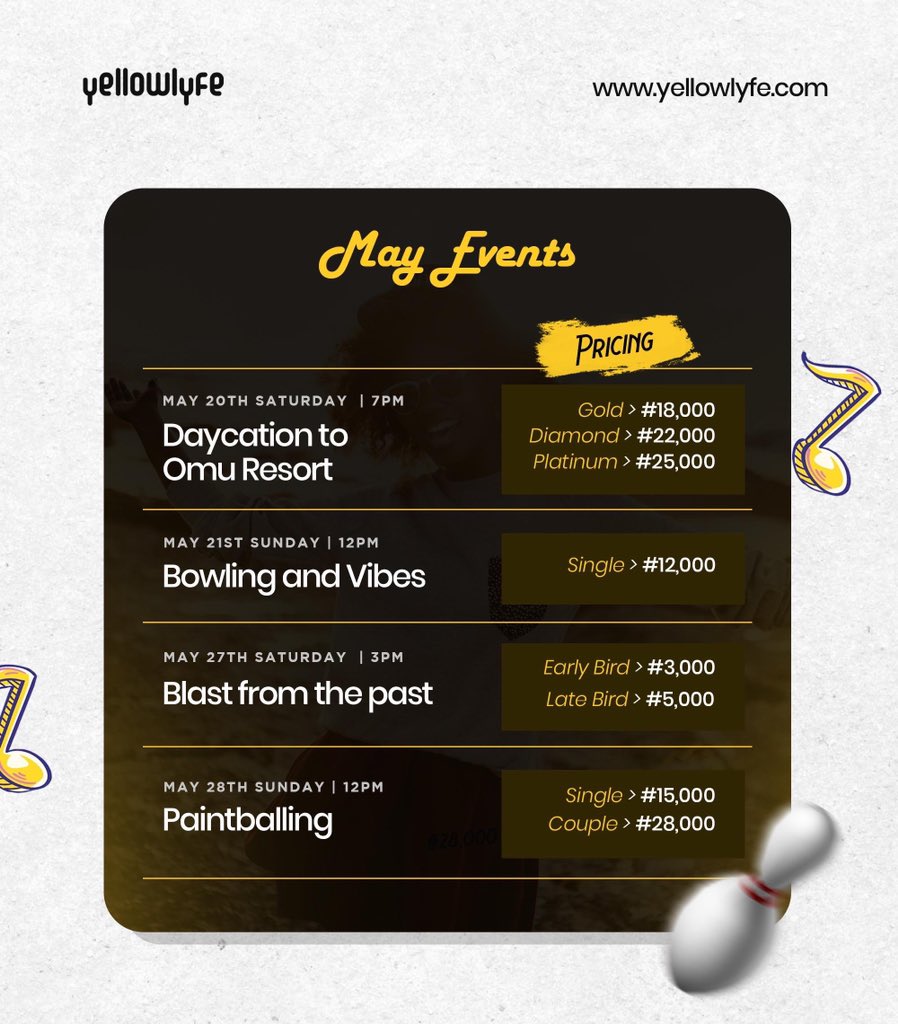 yellowlyfehq's tweet photo. Dear yellowlyfers, 

Here’s your enjoyment calendar for the next 3 months . Get ready for non-stop fun and enjoyment. 

Hurry now and book your slot before they are fully booked.

Send us a Dm or call 0904 902 7698 for immediate response. 

#yellowlyfeEvents #yellowlyfers https://t.co/keLViBUO5a