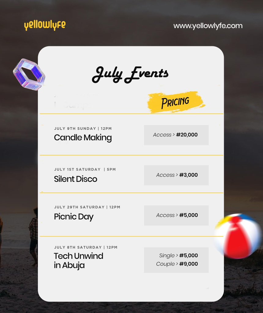 yellowlyfehq's tweet photo. Dear yellowlyfers, 

Here’s your enjoyment calendar for the next 3 months . Get ready for non-stop fun and enjoyment. 

Hurry now and book your slot before they are fully booked.

Send us a Dm or call 0904 902 7698 for immediate response. 

#yellowlyfeEvents #yellowlyfers https://t.co/keLViBUO5a