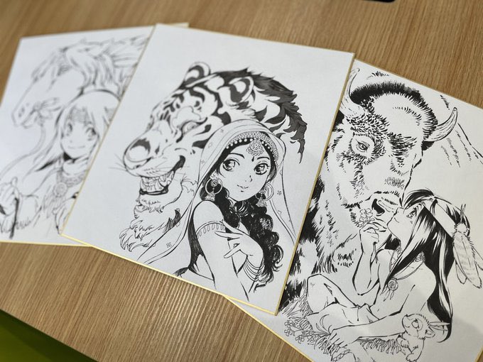【Japan Comic Art Expo2023】5/20,21両日参加。事前に描いた色紙等を持ち込みで並べて販売します。題材は姫川オリジナル作品か動物をテーマにしたもの。コンディション次第ですが会場でコミッションお受けする予定です。会場でお声がけしてみてください。 #ジャパコミ