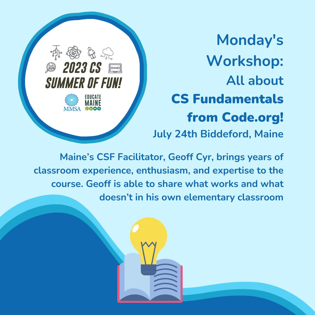 mmsa_org's tweet photo. Sign up for the CS Summer of Fun event cohosted with @EducateMaine ! Join for a full week of CS integration or pick and choose the days you like most. Each day runs from 9-5 with optional activities & evening networking events!
Register now:https://t.co/nY3QiYsBdY
#CSSummerOfFun https://t.co/fUZrfxU2Mq