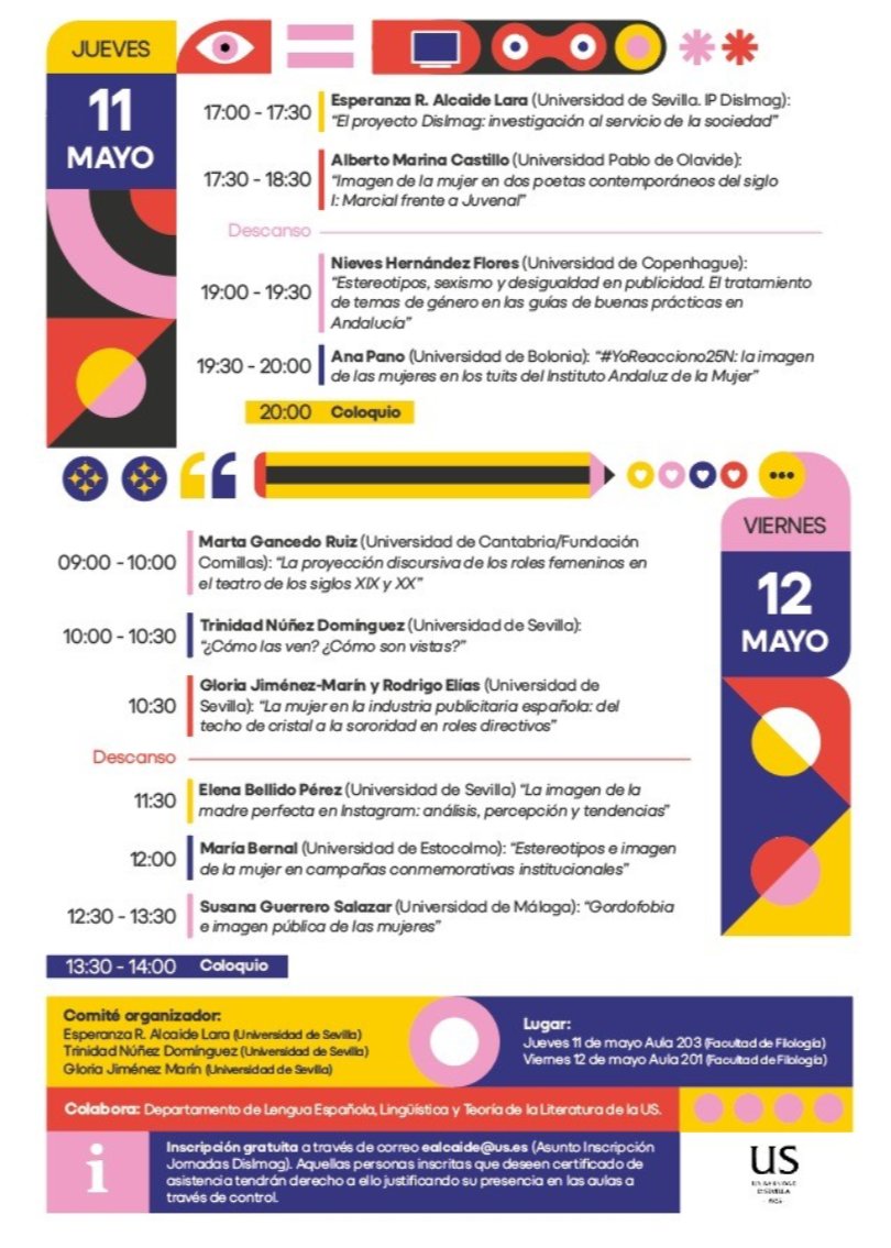 PDisimag's tweet photo. Esta tarde os esperamos en las Jornadas internacionales sobre #mujer e #imagen en discursos públicos. Será en la Facultad de Filología de la US ¡Nos vemos luego! #universidad #investigación https://t.co/YXqswV8lKY