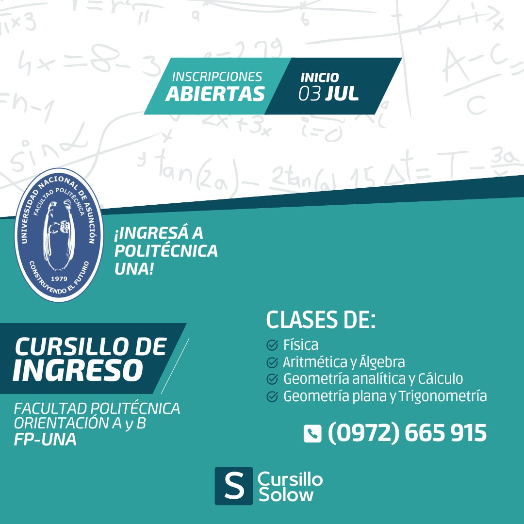 ¡NUEVO GRUPO! 🆙
Prepárate a tiempo para el ingreso a Politécnica UNA 🚀

Las inscripciones ya están abiertas 🔝
CUPOS LIMITADOS ✅
📲 Contacto: (0972) 665 915