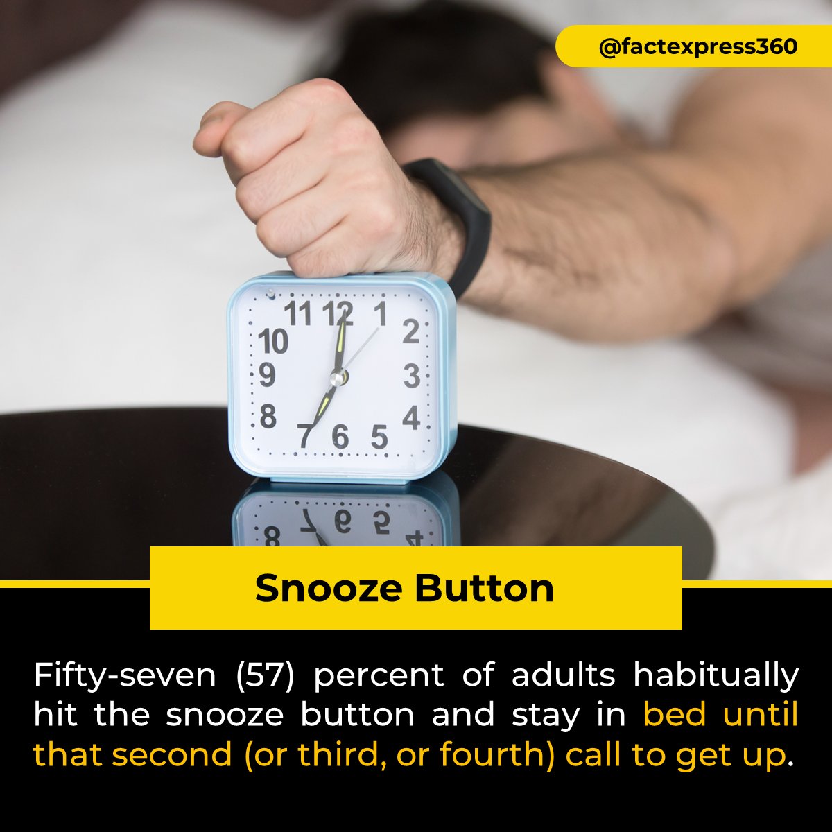 If you often reach for the snooze button when your alarm wakes you up each morning, you're not the only one: a new study found 57 percent of adults habitually stayed in bed until that second (or third, or fourth) call to get up.

#humanfacts #earlymorning #factexpress #facts