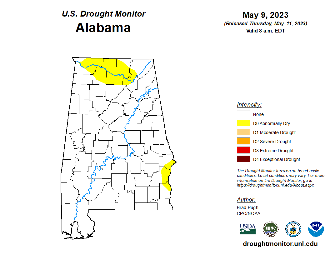 Slight improvement from last week's US Drought Monitor with ~8.3% D0 (Abnormally Dry) coverage with 2 pockets in North Central AL and the Barbour County area. #auburnwater #drought #droughtpreparedness #droughtmonitor