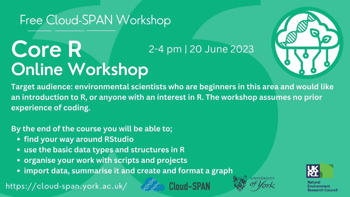 ✨Join our experts for this free #R online workshop! 2-4pm, 20 June 2023 ✨ 

We encourage environmental scientists who are beginners in this area and would like an introduction to R, or anyone with an interest in R to sign up today! 

Details cloudspan.peerboard.com/post/2136518897