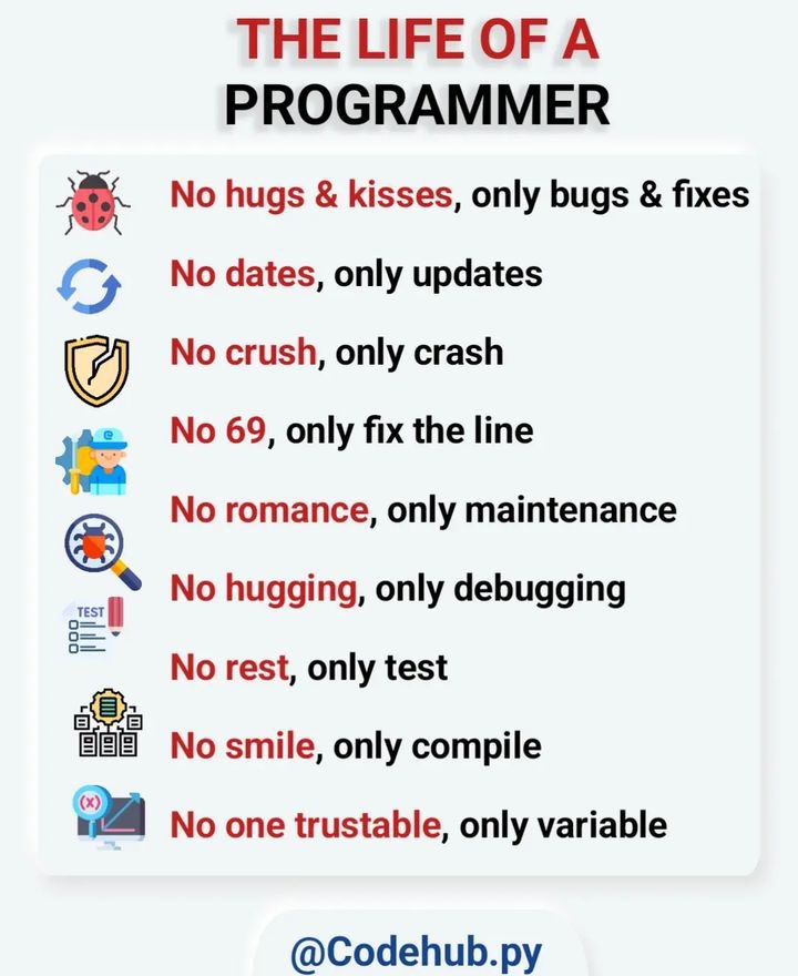 Pythonhub777's tweet image. The life of programmer. @CodehubPy 
.
.
.

. 

.
.
.
.
.
.
.
#developer #development #coder #coding #computer #internet #java #javascript #python #html #webdevelopment #website #programming #programmer #linux #windows #google #microsoft #learn #free #computerscience #jobs #laptop