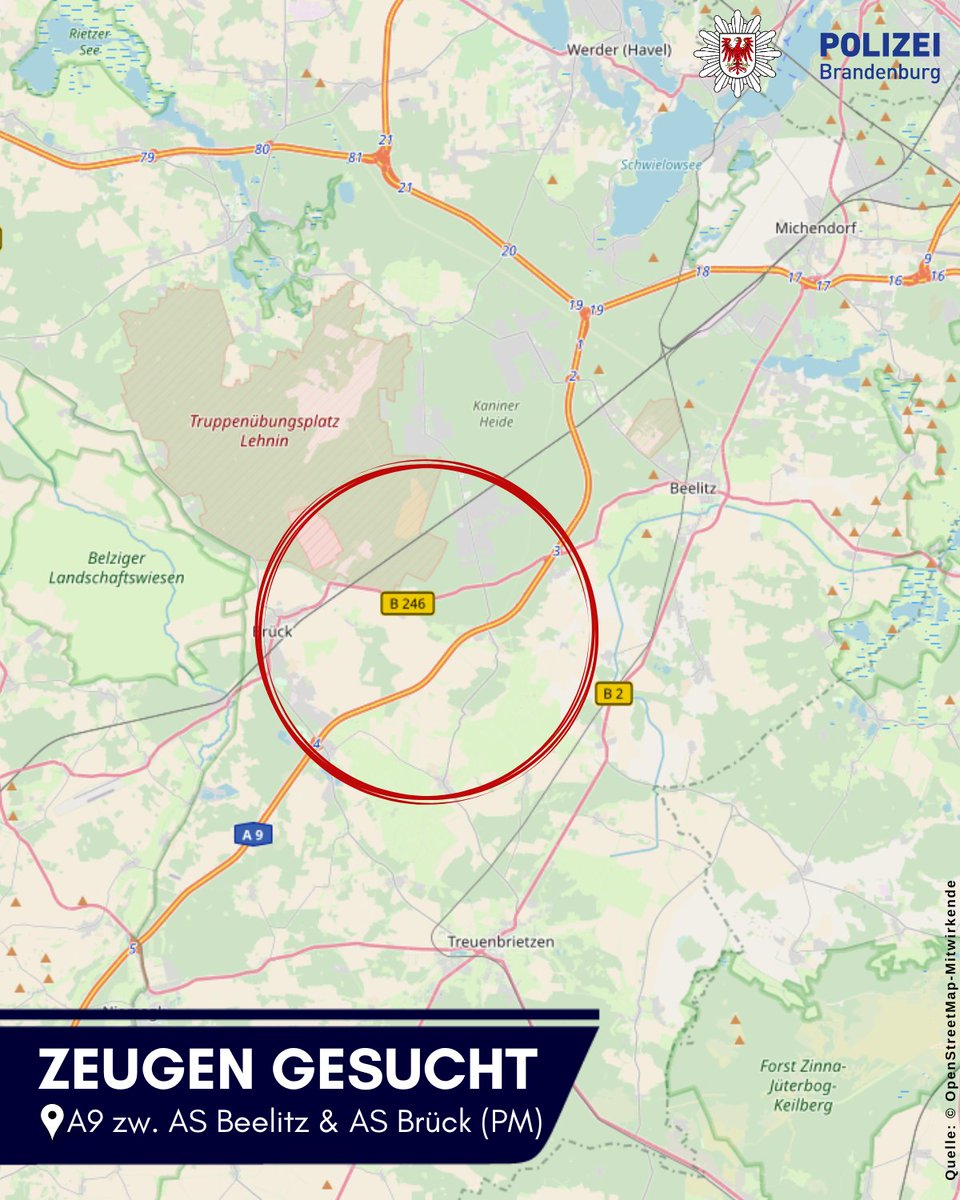PolizeiBB's tweet photo. #Zeugengesucht
Am Mittwochabend, den 10.05.2023, ereignete sich ein Polizeieinsatz auf der A9 zw. der AS Beelitz &amp; AS Brück (PM) Richtung Leipzig.

Haben Sie im Zeitraum von 17:45 - 18:45 Uhr etwas gesehen?

Hinweise bitte an ☎️ 0331 5508-2766.
Mehr Infos: https://t.co/RsADnme0bx https://t.co/uIAShM03m4