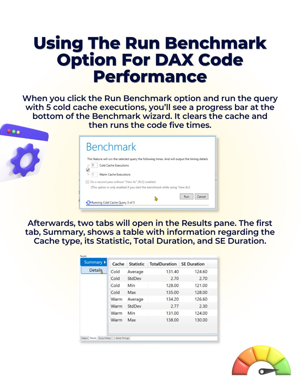 Optimizing your DAX code can make a big difference in performance. Use the Run Benchmark option to gather time data and gain insights on which parts of your code need optimizing. Check out this quick guide! 🔗 bit.ly/3VRKvvD (1/2)