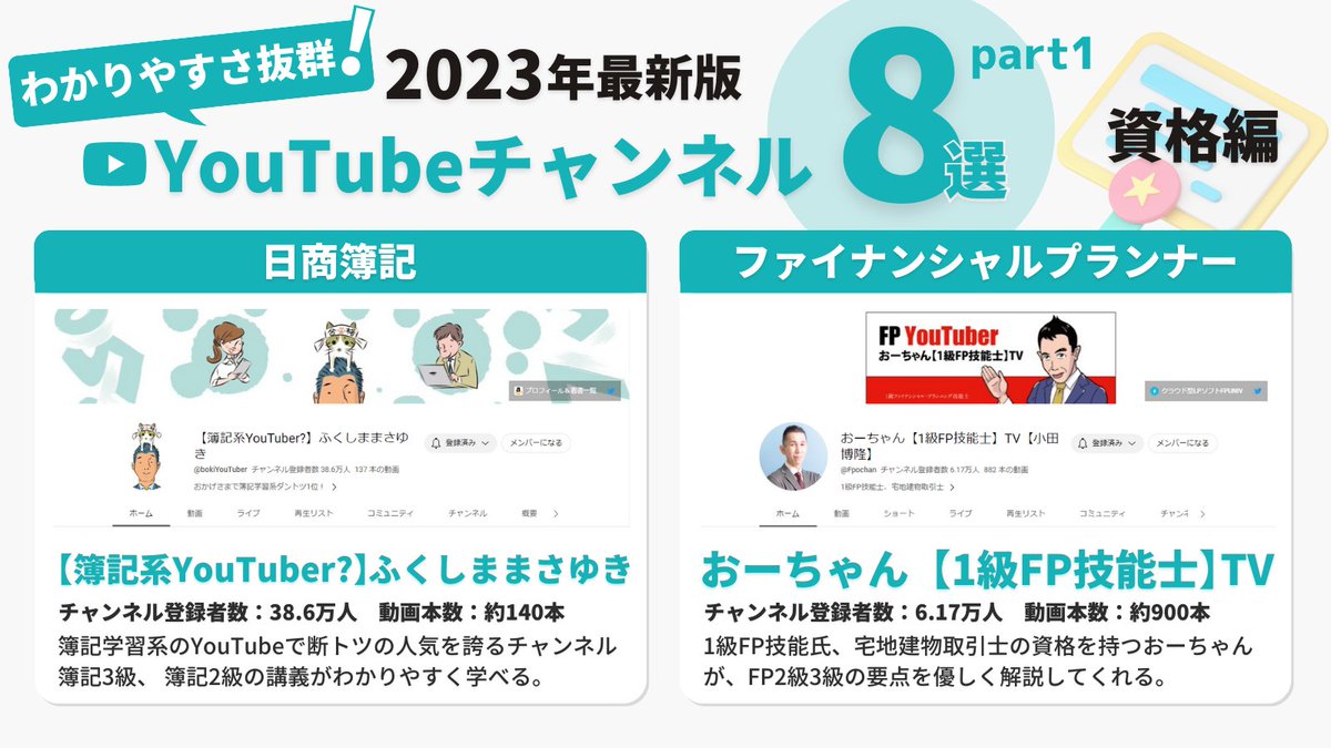 hisa_fire's tweet photo. 0円で学べます。『 資格勉強ができるYouTubeチャンネル 』をまとめてみた。日商簿記やFP、宅建士などの定番で手堅い資格から、社労士や中小企業診断士など高難易度の資格まであるなんて最高すぎひん？まさに学びの宝庫。今回は8つを厳選してご紹介してます。各チャンネルの詳細はリプ欄に並べました。 https://t.co/Cx2Xsx1dKM