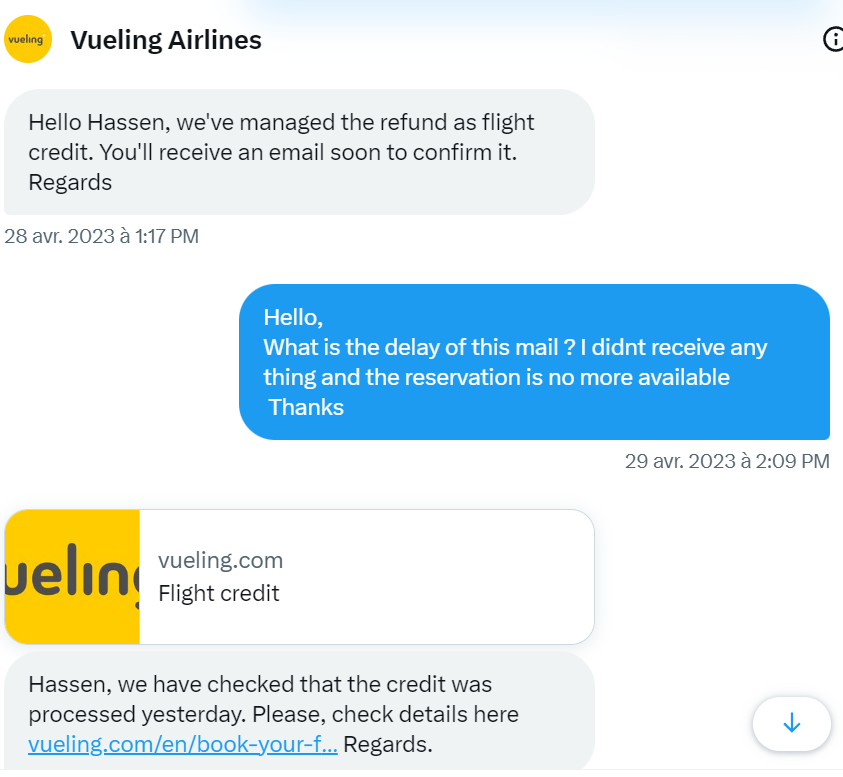 Extremely disappointed with the lack of customer service from <a href="/vueling/">Vueling Airlines</a>. I was told that my cancelled flight refund would be processed as flight credit, but it's been over three weeks and still no resolution. No response to emails and no flight credit issued. #customersetvicefail
