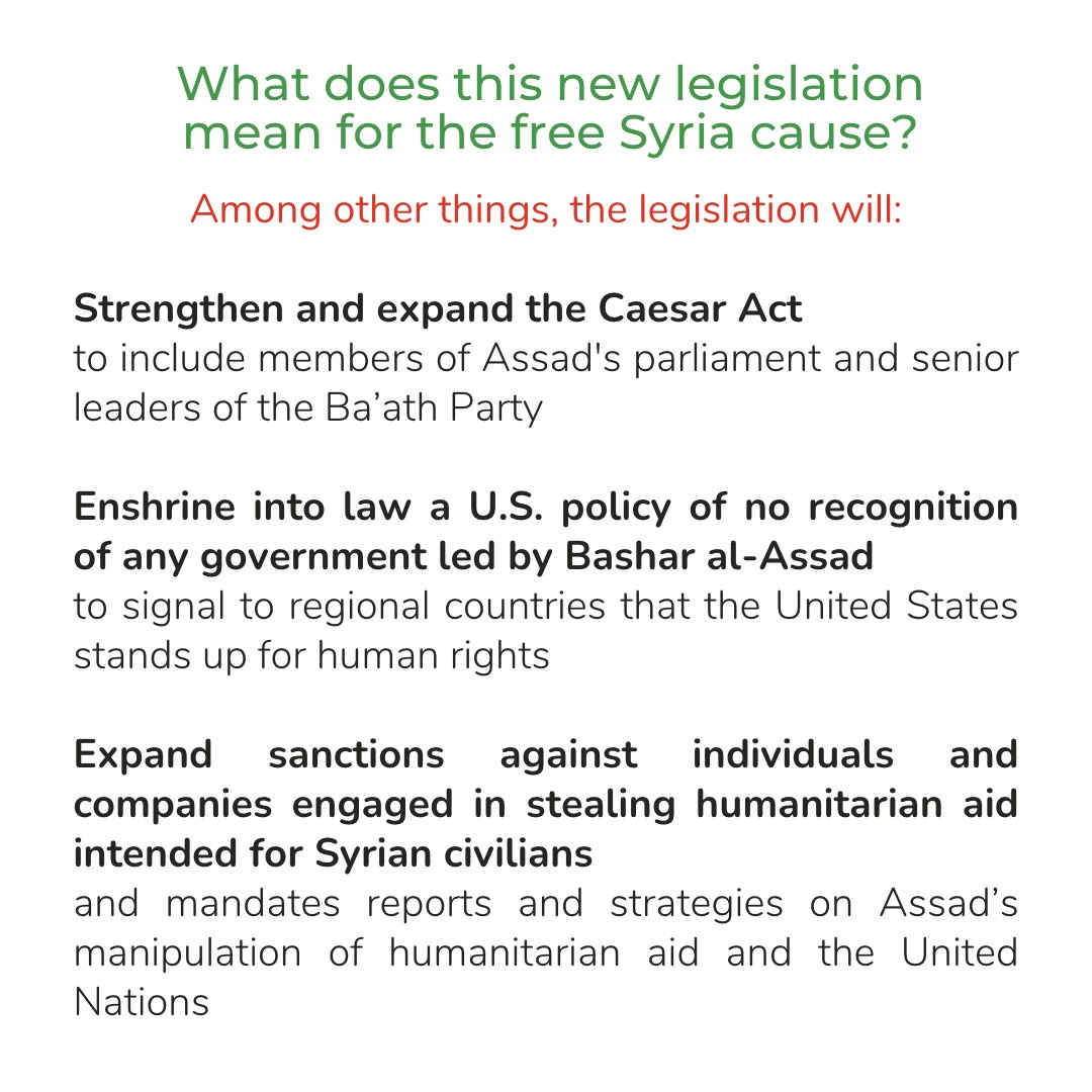 ACSyria's tweet photo. This bill is critical to countering the trend of normalization with the Assad regime and is the most important U.S.-Syria policy bill since the passage of the Caesar Act in 2019. We urge Congress to prioritize the passage of this critical legislation. #NormalizeJustice https://t.co/iNXrTQvh1Y