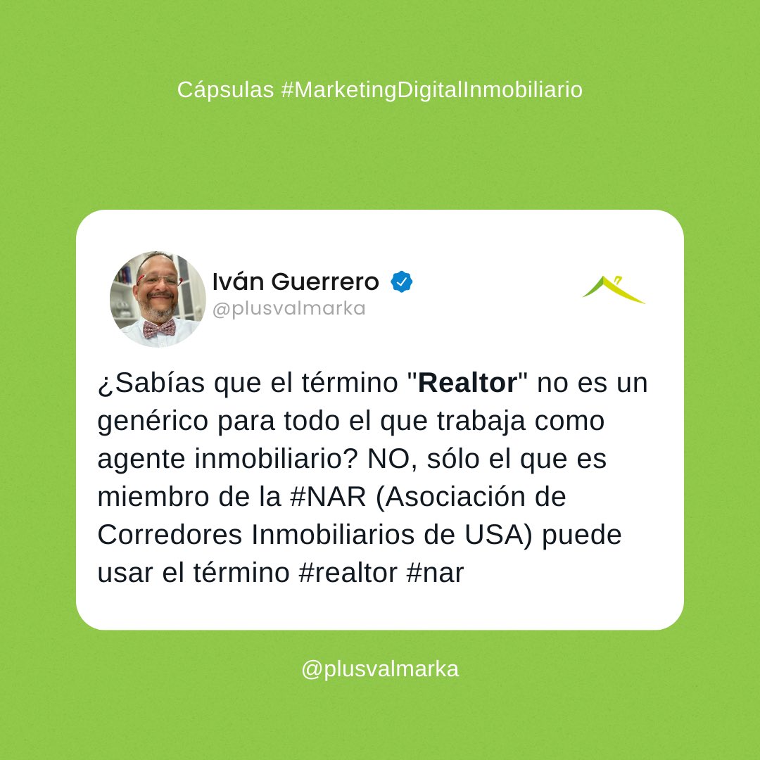 Plusvalmarka's tweet image. Sólo es #REALTOR el miembro de la NAR (National Association of Realtors). Usar el término sin serlo es una infracción de marca registrada y puede tener consecuencias legales.
Si no eres REALTOR, mejor utiliza términos genéricos: “Asesor”, “Agente” o “Corredor Inmobiliario”.