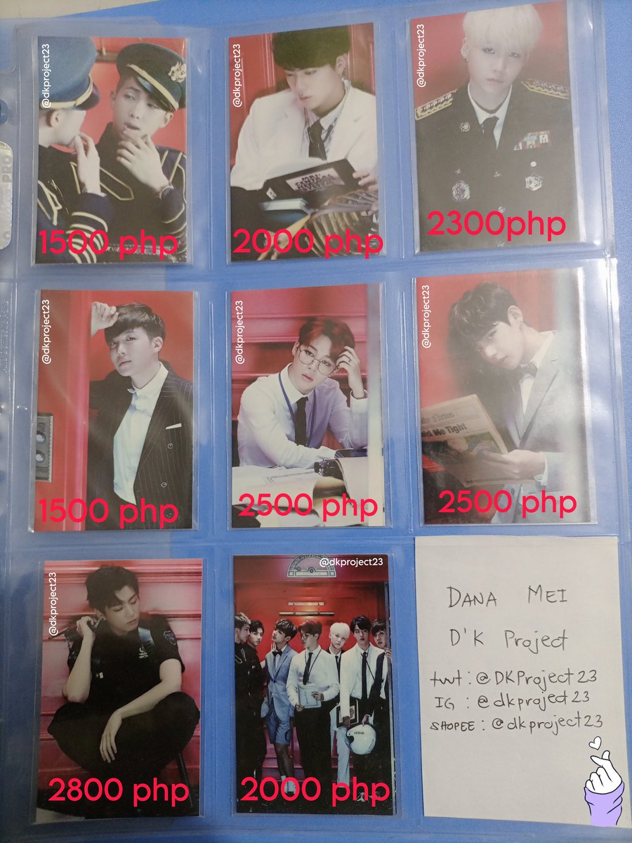 WTS LFB PH
💜 BTS DOPE PHOTOCARDS
-Onhand
-Official 1st press cards
-Good Condition (well kept in binder w/ protector)
-PAYO only

RM -P1500
JIN -P2000
SUGA -P2300
JHOPE -P1500
JIMIN -P2500
V / TAEHYUNG -P2500
JUNGKOOK -P2800
GROUP -P2000
SET -P15,900

Need to get all members