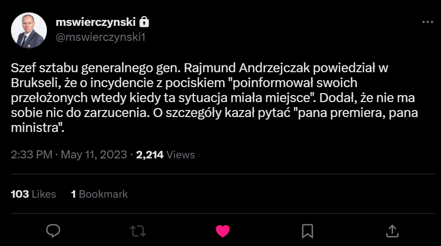 Podsumowując polityczne reperkusje Ch-55:
1) Szef <a href="/SztabGenWP/">Sztab Generalny WP</a> gen Andrzejczak w Brukseli jasno powiedział że <a href="/MorawieckiM/">Mateusz Morawiecki</a> <a href="/mblaszczak/">Mariusz Błaszczak</a> zostali od razu poinformowani o rakiecie. 
2) Dziś szef <a href="/MON_GOV_PL/">Ministerstwo Obrony Narodowej 🇵🇱</a> na konferencji oznajmił że "w wyniku kontroli"  na kozła ofiarnego namaścił