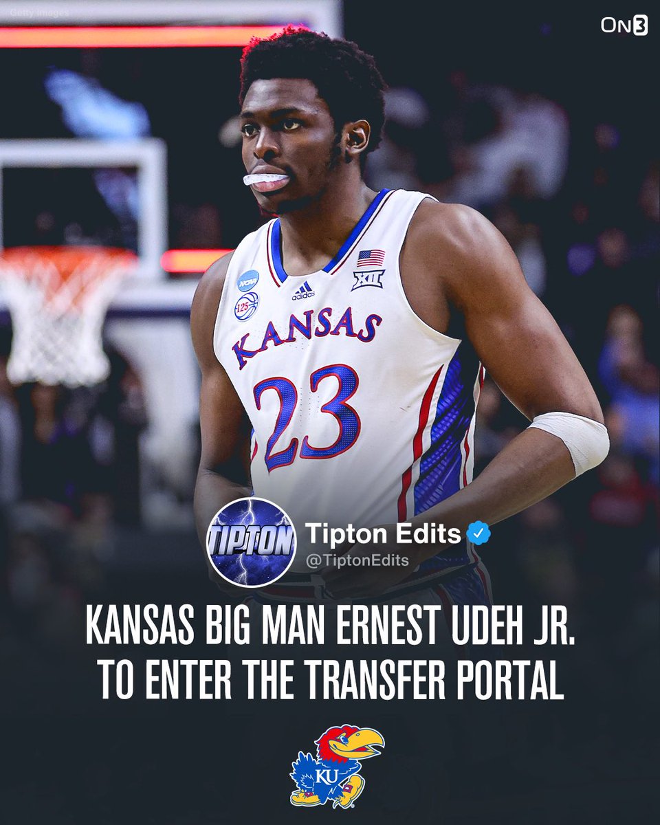 JoeTipton's tweet photo. NEWS: Kansas big man Ernest Udeh Jr. will transfer, per @Andrew__Slater. 

Former McDonald’s All-American. The 6-11 freshman from Orlando played sparingly for the Jayhawks this season, averaging only 8.3 minutes per game. 

https://t.co/jrQhrUULU2 https://t.co/sBPooQKXHH