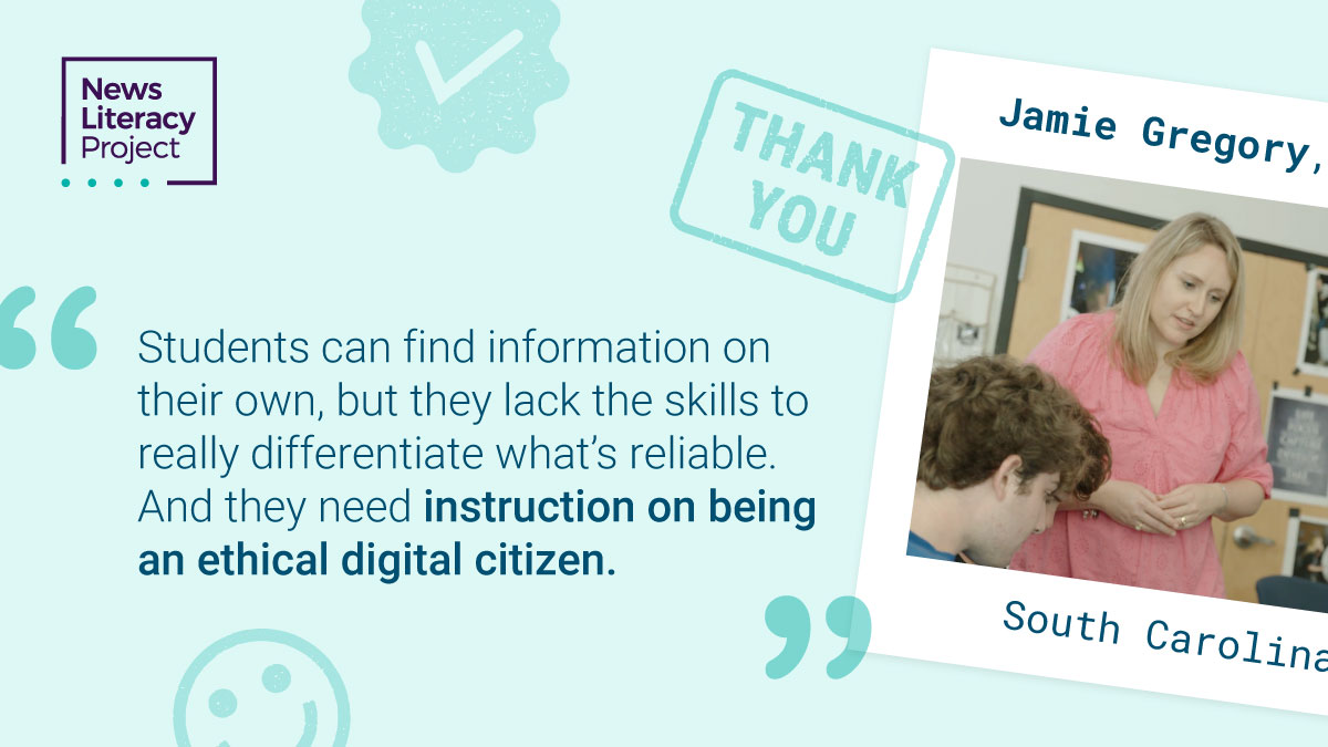 NewsLitProject's tweet photo. Jamie Gregory (@gregorjm), NLP's 2022 Alan C. Miller Educator of the Year, knows no bounds when it comes to teaching students to become more news-literate &amp; helping her peers integrate news literacy ed across disciplines. 

🌟 https://t.co/KLPnSEqAor

#TeacherAppreciationWeek https://t.co/ilLXgByWY7