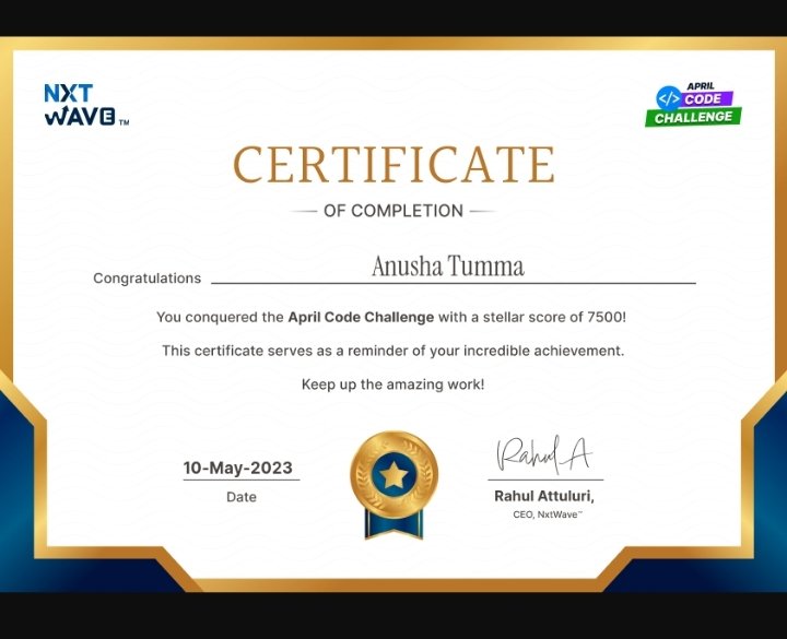 anushatumma2049's tweet photo. Recieved my April code challenge...
#nxtwave
#ccbp
#nxtwave_tech
@nxtwave_tech
@sashankreddy07
@rahulattuluri https://t.co/iQT6aeNjia
