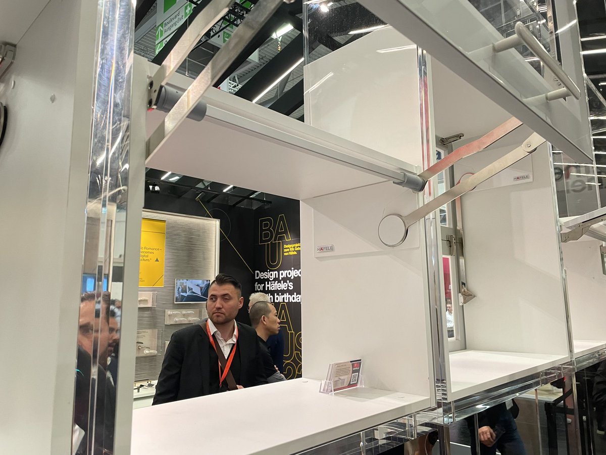 hafeleamerica's tweet photo. One of the most exciting products introduced during interzum 2023 here at the Häfele booth is the versatile, space-saving Free slim flap fitting. #hafeleinterzum #hafele@interzum #hafele100 #thefirst100 #100yearshafele https://t.co/fp03PKfxdm