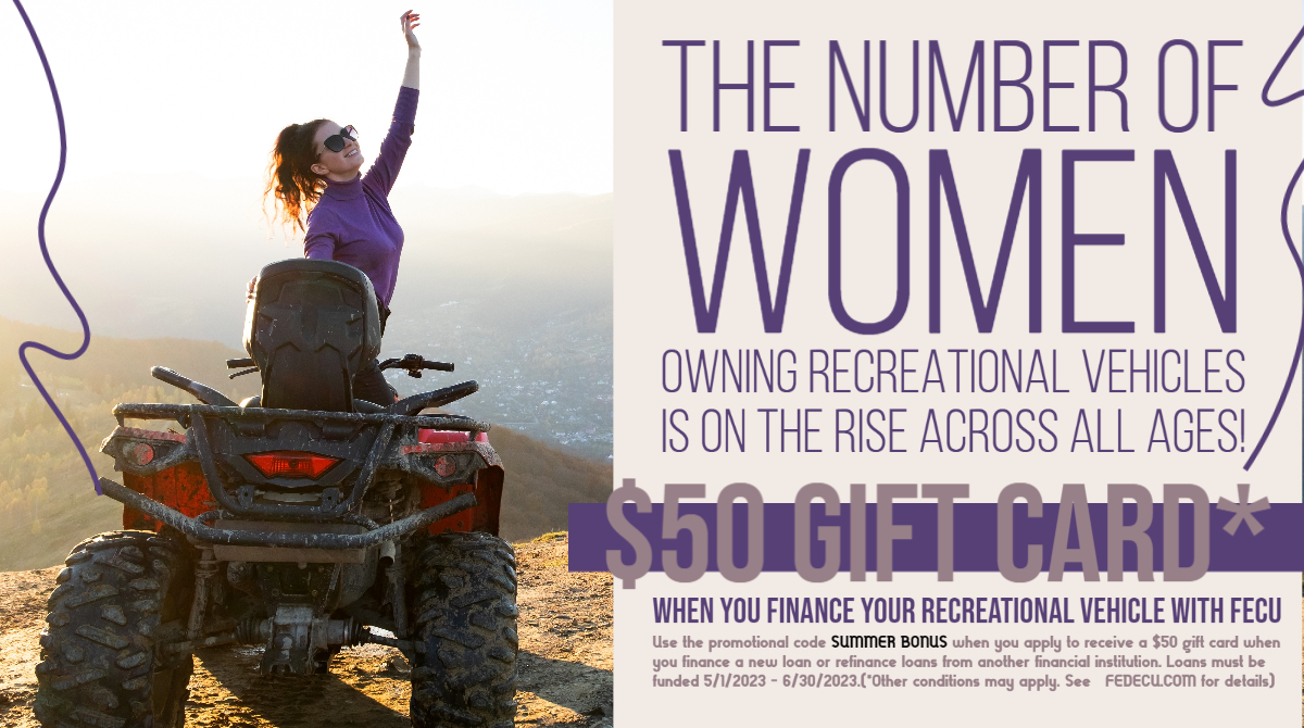 FederatedECU's tweet photo. Are you ready for adventure? Receive a $50 gift card with promo code SUMMER BONUS* to finance a new recreational vehicle loan or refinance a qualifying loan from another financial institution between 05/01/2023 and 06/30/2023. *Other conditions may apply. See https://t.co/PuPNqmISg2