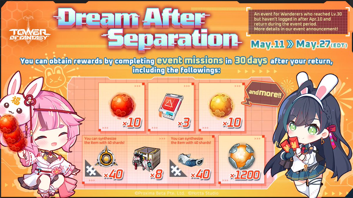 ToF_EN_Official's tweet photo. #TowerofFantasy ⚔ Dream After Separation

▶ Event period: May.11 - 17:00, May.27 (EDT)

Besides what's mentioned below, you can also get materials to help upgrade a weapon to lv. 120!

📝More details: EN：https://t.co/N8bVWtpgje

#ToF https://t.co/9vo1uCzf7i