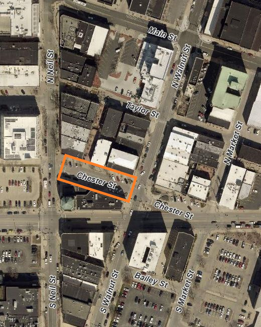 Chester Street between Neil and Walnut will be closed on May 12 from 6:30 a.m. and 10 a.m. while a crane is placed in front of the City Building. See details... ecs.page.link/6JcfF