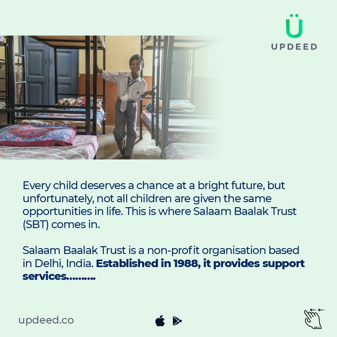 UpdeedApp's tweet photo. Salaam Baalak Trust is a Delhi-based NGO supporting street and working children. They aim to provide a safe space for vulnerable children and instil confidence in them through education, skill development, vocational training, and love.
#childwelfare #support #letsUPDEED https://t.co/KP2S11BFkO