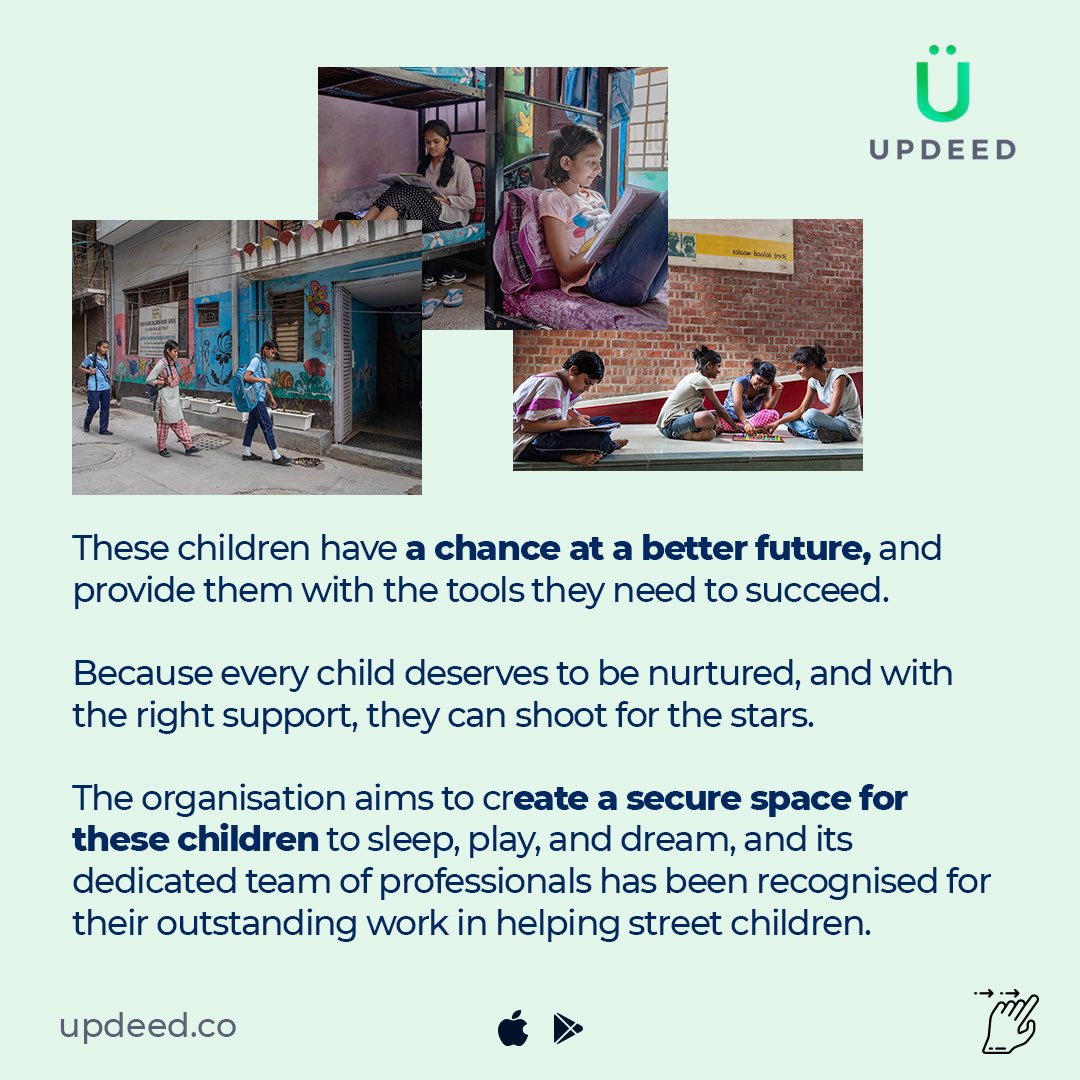 UpdeedApp's tweet photo. Salaam Baalak Trust is a Delhi-based NGO supporting street and working children. They aim to provide a safe space for vulnerable children and instil confidence in them through education, skill development, vocational training, and love.
#childwelfare #support #letsUPDEED https://t.co/KP2S11BFkO