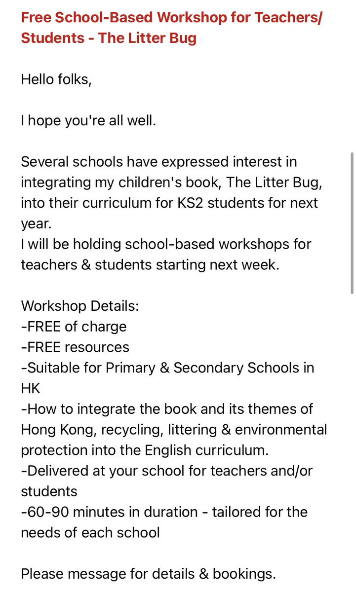 TeacherHamHQ's tweet photo. Dear Hong Kong friends,
Thank you for your interest &amp; support so far for The Litter Bug. 
Here’s the message again (from Allnets &amp; NESTA) for both Primary &amp; Secondary schools. ☺️🙏
DM for details/bookings. https://t.co/c74YVTRWLd