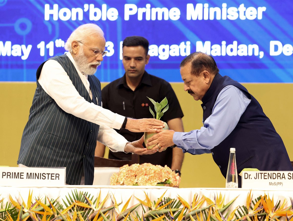 PM Sh @NarendraModi at the inauguration and laying the foundation stone of various projects at National Technology Day 2023, in New Delhi.