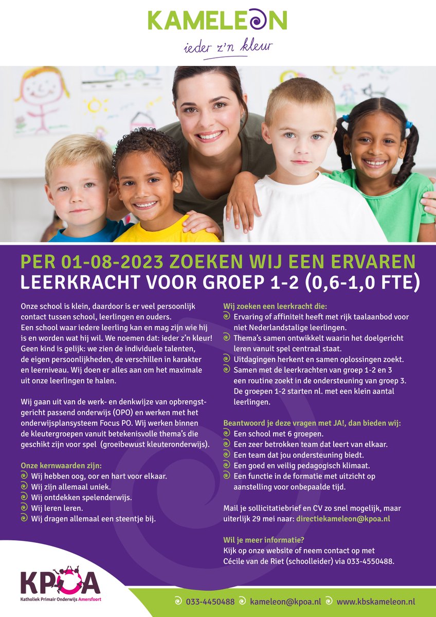 De Kameleon is per 01-08-2023 op zoek naar een ervaren leerkracht voor groep 1-2