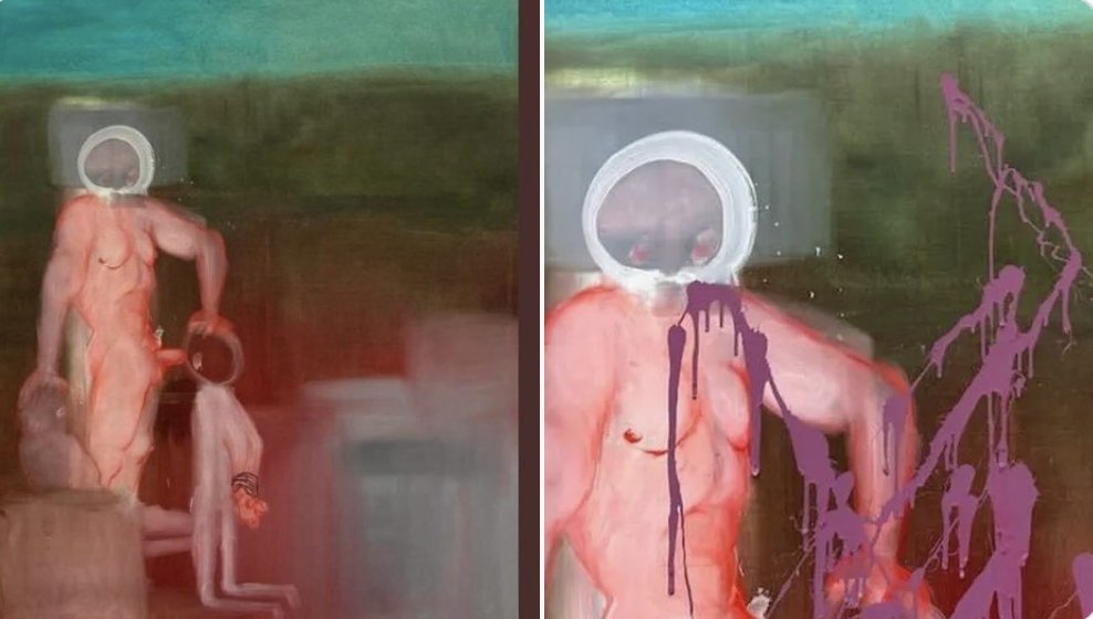 President Macron has defended a painting, which displays paedophilia, after it was defaced at a Paris exhibition. Macron said in a Tweet: "To attack a work is an attack on our values." Macron didn't grasp that it was an attack against paedophilia and its a shit painting anyway.