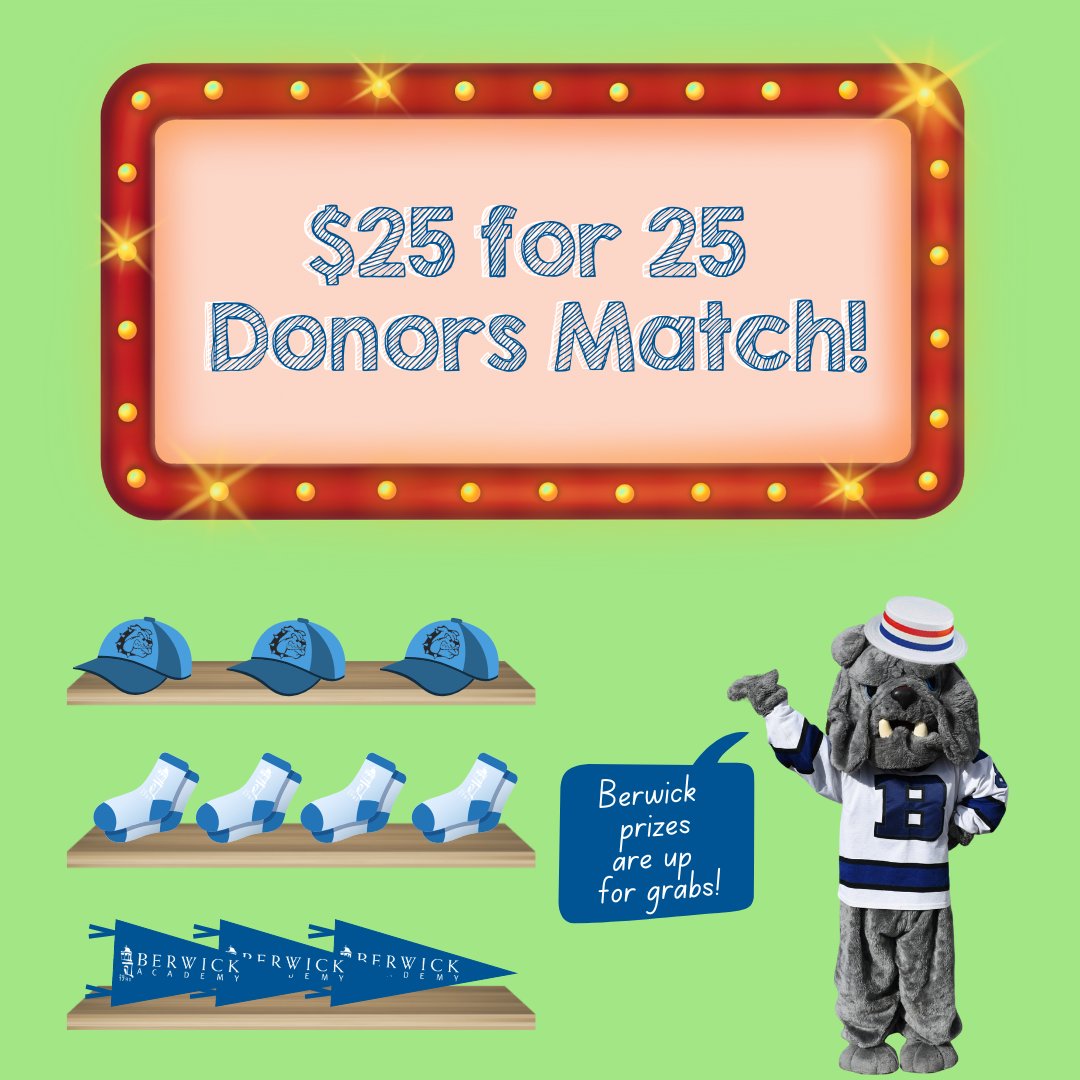 Calling all friends of bulldogs — we have a match! A family in the Class of 2025 will match the next 25 gifts by $25 each.Give now to multiply your impact. Plus, make your gift in the next hour to be entered into a raffle for Berwick gear! #oneberwick

givecampus.com/zqnzjj