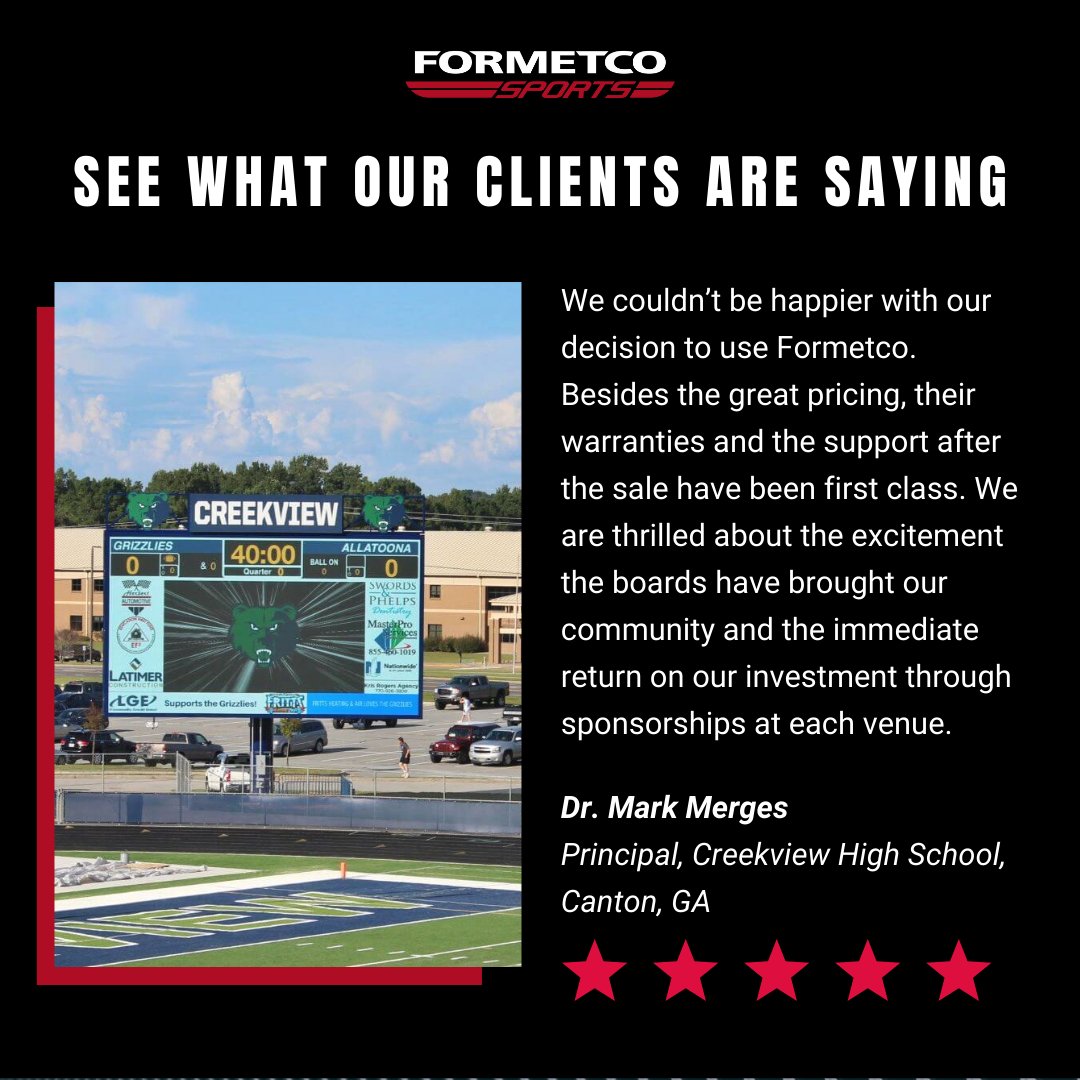 FormetcoSports's tweet photo. We loved working with the Creekview High School team to install their LED video scoreboards. It's always great to know our clients are happy with their upgrades.🤩 https://t.co/xoKJaeh5Kb
#testimonialtuesdays #LEDscoreboards #videoscoreboards #highschoolfootball #CreekviewHS https://t.co/UrlBWSwLl3