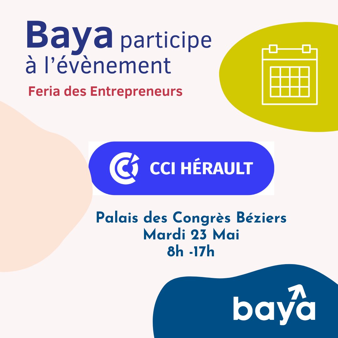 Baya est partenaire de la "Feria des entrepreneurs" organisés par la CCI Hérault.
✔Mardi 23 Mai, de 8h à 17h, au palais des congrès de #Béziers.  Le rendez-vous pour s'informer sur la reprise et la création d'entreprise.
Inscription👉 herault.cci.fr/evenement/feri…
#portagesalarial