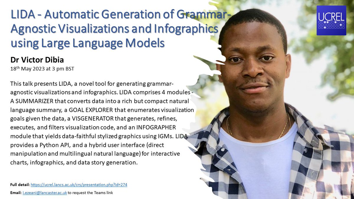 ucrelcrs's tweet photo. Visualizations make data accessible. 

LIDA (https://t.co/NAk1pVV9j5) helps to 
- SUMMARIZE your data, 
- EXPLORE your goals, 
- GENERATE visualizations and 
- create INFOGRAPHICS.

Victor @vykthur will tell us about it.

Thur, 18th May, 3pm BST

For the link, contact @igezeani https://t.co/sU2JG2VeJF