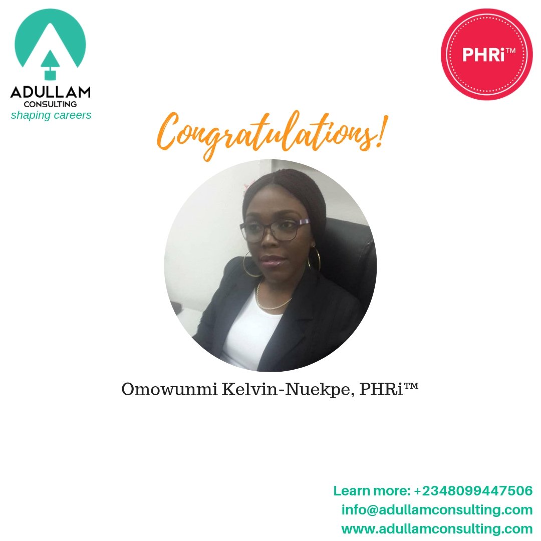 AdullamConsult's tweet photo. Congratulations to Omowunmi on getting PHRi certified! Welcome to the distinguished @HRCI_Official global community.

We're proud of your achievement and looking forward to celebrating more success in your career. https://t.co/bHFxBswcQM