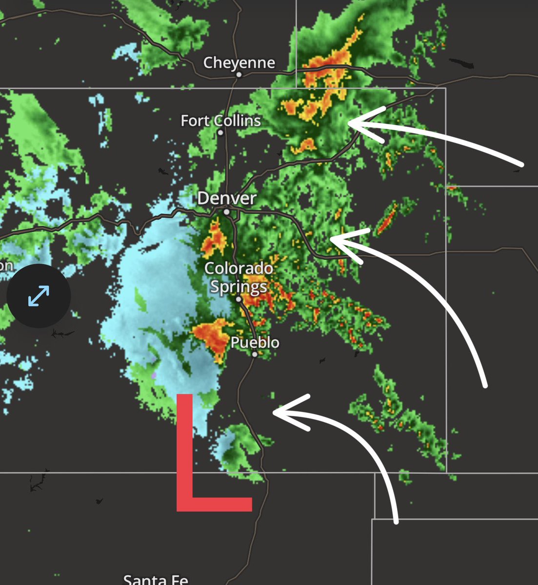 kodythewxguy's tweet photo. Good mernin! 

A FLOOD WATCH encompasses all of northern Colorado along and north of the Palmer Divide including Denver, southeast Wyoming, western Kansas and Nebraska panhandle.

Our powerful storm system is currently centered over south central Colorado. 

“Feeder bands” of rain and embedded thunderstorms continue to move across the eastern plains towards the front range and the higher elevations of the foothills and continental divide as indicated by the white arrows. 

In fact, several reports of hail this morning out of El Paso County around Colorado Springs as well as some flooding going on near the Fountain & Security Widefield areas. 

The center of low pressure will SLOWLY move east across southern Colorado today and then drift northeast getting to near Burlington by around 8pm tonight and near McCook, Nebraska by NOON on Friday. The flow around the circulation will continue to feed moisture into the region so numerous rounds of rain showers and thunderstorms are expected today and into Friday. 

Some of these thunderstorms will be strong producing heavy rain, gusty winds, and small hail. 

I cannot rule out one or two storms being severe today with large hail being the main threat and of course there is a conditional threat of a brief tornado. 

There is an elevated threat of severe weather this afternoon on the eastern plains and in western Kansas closer to the periphery of the center of low pressure where thundertorms will likely erupt along and south of the I-70 corridor here just before NOON. 

Meanwhile heavy wet snur is falling in the higher elevations of the foothills, central mountains, and Sangre de Cristos. Expect snow to get locally heavy for the northern mountains where up to 18” could fall above 10,000 feet! 

Stay tuned for updates throughout the day! 

Thank you to all of you who have donated to my coffee and wine fund so far. It’s appreciated more than you’ll understand! 

Also thank you for supporting my local business so sponsors who are working overtime to make sure all of my followers are getting the help they need. 

K great thanks bye #COwx #WYwx #NEwx #KSwx #Rain #Snow #SevereWx