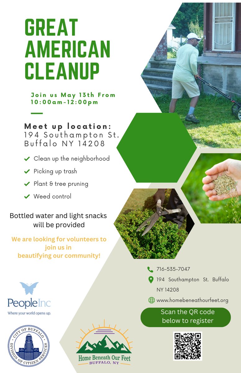 REMINDER: Join our friends People Inc., Home Beneath Our Feet, and City of Buffalo, Division of Citizens Services for the Great American Cleanup on May 13th, 2023! Register using the QW code below or visit homebeneathourfeet.org for more information! #cityofgoodneighbors...
